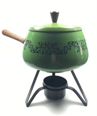 Vintage Green and Black Fondue Pot with wood handle cover lid stand candle holder