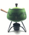 Vintage Green and Black Fondue Pot with wood handle cover lid stand candle holder