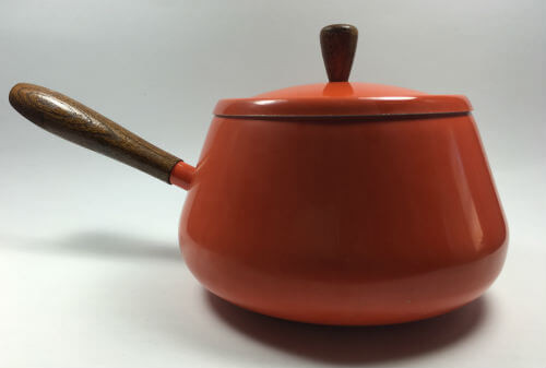 Vintage Orange Fondue Pot with wood handle and cover lid