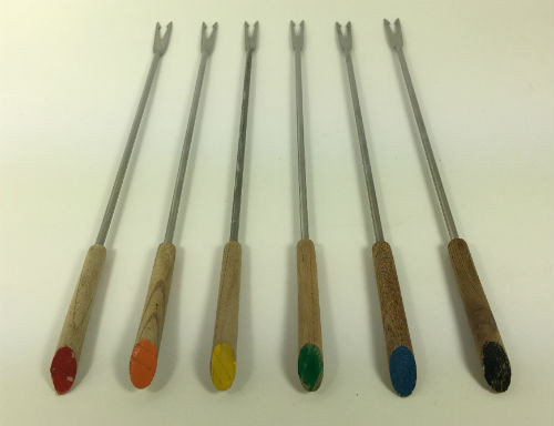 Vintage Fondue Forks wood handles with slanted colored ends set of 6
