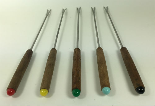 Vintage Fondue Forks wood handles with colored ends set of 5