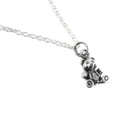 Sterling Silver Three Dimensional Teddy Bear Charm Necklace, 16"