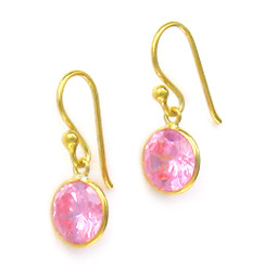 Gold Plated Sterling Silver Sparkling Round Crystal Drop Earrings, Pink