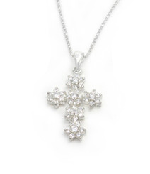Sterling Silver Sparkling Flower Cross Necklace, Clear