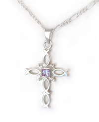 Sterling Silver Ichthus Fish Cross and Birth Crystal Necklace, June Lavender