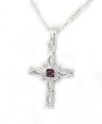 Sterling Silver Ichthus Fish Cross and Crystal Necklace, February Purple