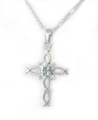 Sterling Silver Ichthus Fish Cross and Crystal Necklace, March Aqua