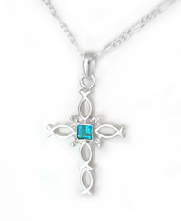 Sterling Silver Ichthus Fish Cross and Crystal Necklace, December Blue