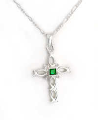 Sterling Silver Ichthus Fish Cross and Birth Crystal Necklace, May Green