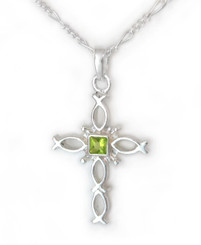 Sterling Silver Ichthus Fish Cross and Birth Crystal Necklace, August Green