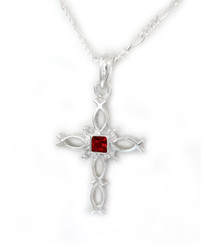 Sterling Silver Ichthus Fish Cross and Birth Crystal Necklace, July Red