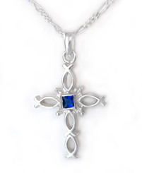 Sterling Silver Ichthus Fish Cross and Birth Crystal Necklace, September Blue