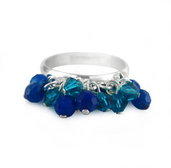 Sterling Silver Crystal Dangling Beads Cluster Band Ring, Blue Combo