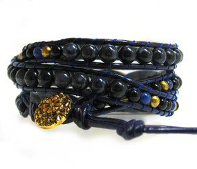 Leather and Mixed Stones 3-Wrap Adjustable Bracelet, 21 - 23"