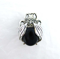 Sterling Silver Marcasite Onyx Beetle Brooch