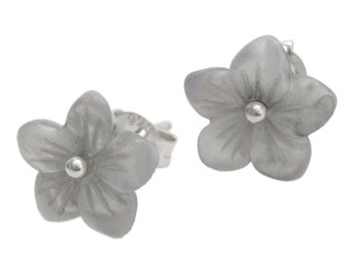 Mother of Pearl Carved Flower Sterling Post Earrings, Gray