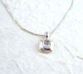 Sterling Silver and Cubic Zirconia Square Charm Necklace