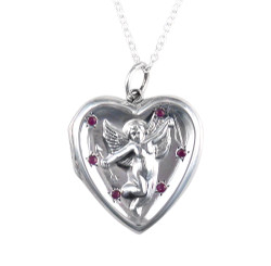 Large Sterling Silver and Ruby Cupid Locket Necklace