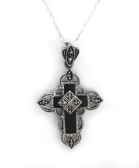 Sterling Silver Onyx Cross Marcasite Ornate Frame "Floris" Necklace, 18"