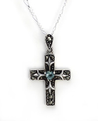 Sterling Silver Crystal Heart Marcasite Cross "Damara" Necklace, 18" Aqua