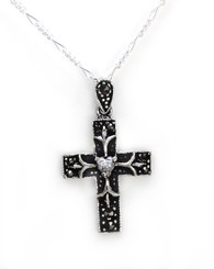 Sterling Silver Crystal Heart Marcasite Cross "Damara" Necklace, 18" Clear