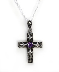 Sterling Silver Crystal Heart Marcasite Cross "Damara" Necklace, 18" Purple