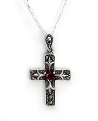 Sterling Silver Crystal Heart Marcasite Cross "Damara" Necklace, 18" Red