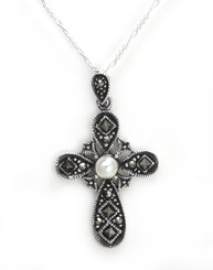 Sterling Silver Marcasite Cross Simulated Pearl "Contessa" Necklace, 18"
