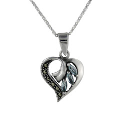 Sterling Silver Birth Crystal Marcasite Heart Pendant Necklace, Aqua