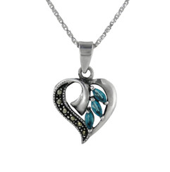 Sterling Silver Birth Crystal Marcasite Heart Pendant Necklace, December Blue