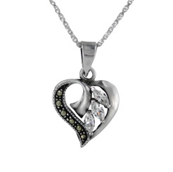 Sterling Silver Birth Crystal Marcasite Heart Pendant Necklace, April Clear