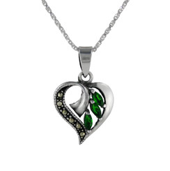 Sterling Silver Birth Crystal Marcasite Heart Pendant Necklace, May Green