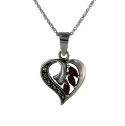 Sterling Silver Birth Crystal Marcasite Heart Pendant Necklace, January Red