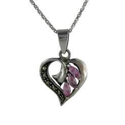 Sterling Silver Birth Crystal Marcasite Heart Pendant Necklace, Pink