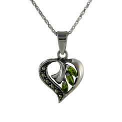 Sterling Silver Birth Crystal Marcasite Heart Pendant Necklace, August Green