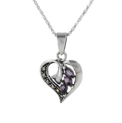 Sterling Silver Birth Crystal Marcasite Heart Pendant Necklace, Purple