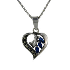 Sterling Silver Birth Crystal Marcasite Heart Pendant Necklace, September Blue