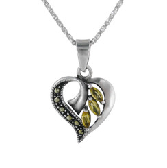 Sterling Silver Birth Crystal Marcasite Heart Pendant Necklace, November Yellow