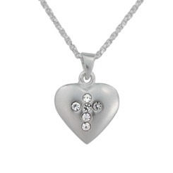 Sterling Silver Matte Finish Heart With Crystal Cross Necklace