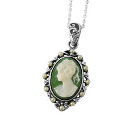 Pearl Framed Cameo Necklace, Green