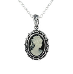 Sterling Silver Picture Frame Resin Cameo Necklace - Black