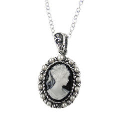 Sterling Silver Resin Cameo & Pearlized Beads Necklace - Black