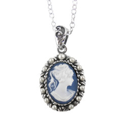 Sterling Silver Resin Cameo & Pearlized Beads Necklace - Blue