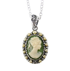 Sterling Silver Resin Cameo & Pearlized Beads Necklace - Green