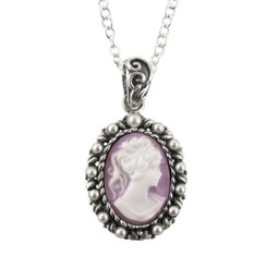Sterling Silver Resin Cameo & Pearlized Beads Necklace - Lavender