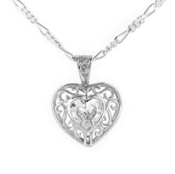 Sterling Silver Filigree Heart Crystal Pendant Necklace