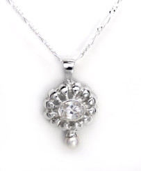 Sterling Silver Stone Flower and Synthetic Pearl Accent Pendant Necklace, Clear 18"