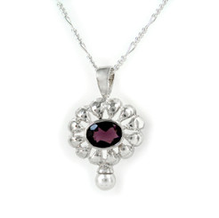 Sterling Silver Stone Flower and Synthetic Pearl Accent Pendant Necklace, Purple 18"