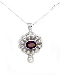 Sterling Silver Stone Flower and Synthetic Pearl Accent Pendant Necklace, Red 18"