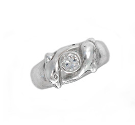 Sterling Silver Two Swimming Dolphins and Center Crystal Ring